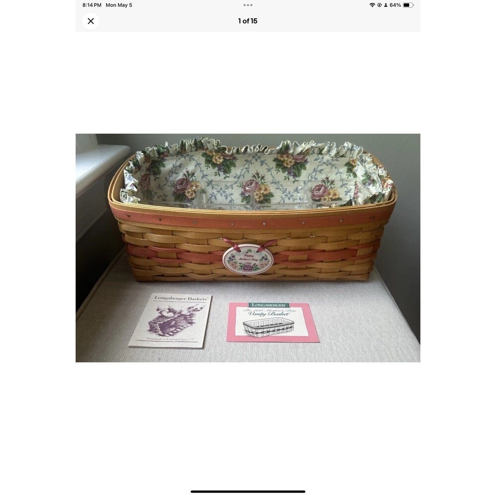Longaberger 1996 Mother's Day Vanity Basket Set with Liner and Double Protectors